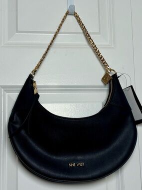 Nine West Black Crescent Shoulder Bag with Gold Chain Strap